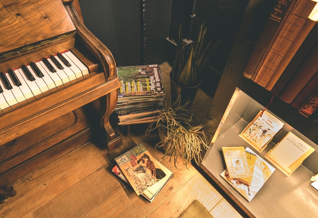 Cozy home music studio with piano and vinyl records