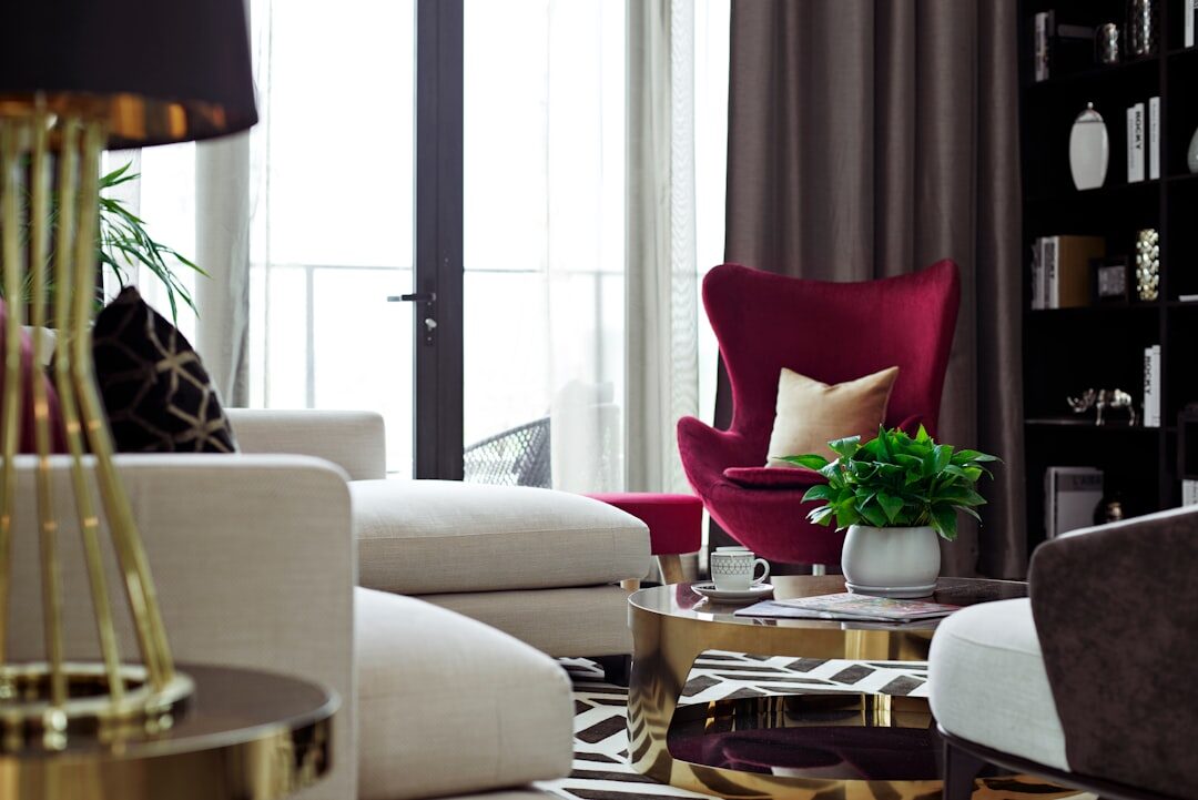Elegant luxury living room with velvet sofa and gold accents